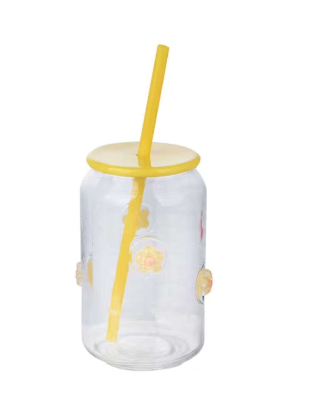 Yellow Icon Flowers Design Glass Tumbler Cup with Straw & Lid